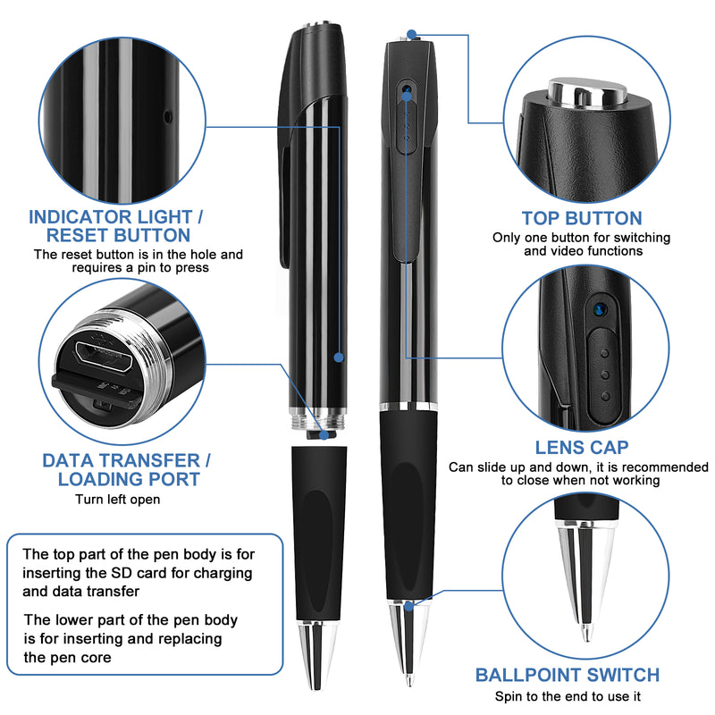 1080P Hidden Camera Pen Long Battery Life Mini Camera with 32GB Loop Recording Security Cameras Rechargeable Pen Camera for Every Moment