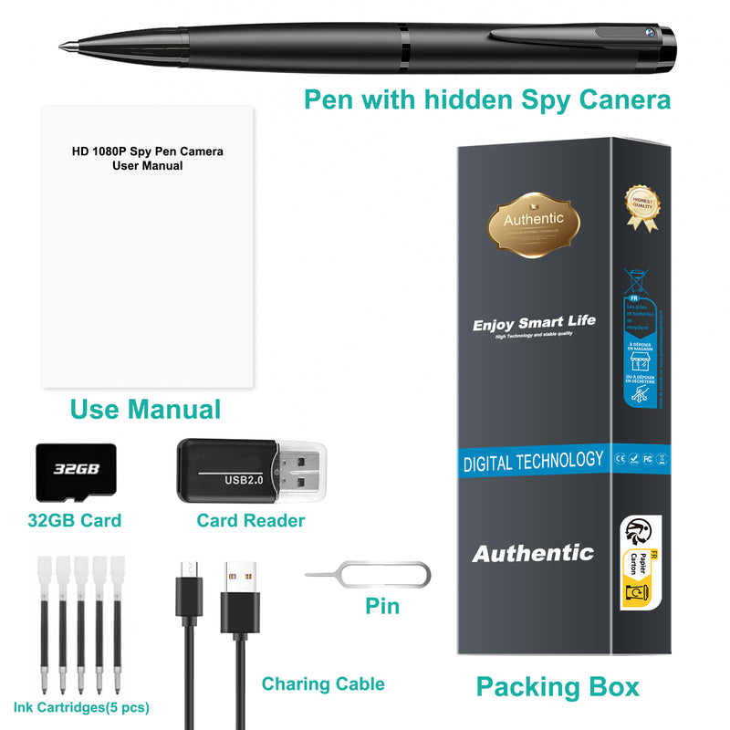 1080P Mini Hidden Camera Pen, 32GB Rechargeable Nanny Cam Mini Security Cameras,Pen Camera Small Pocket Body Camera for Home Office