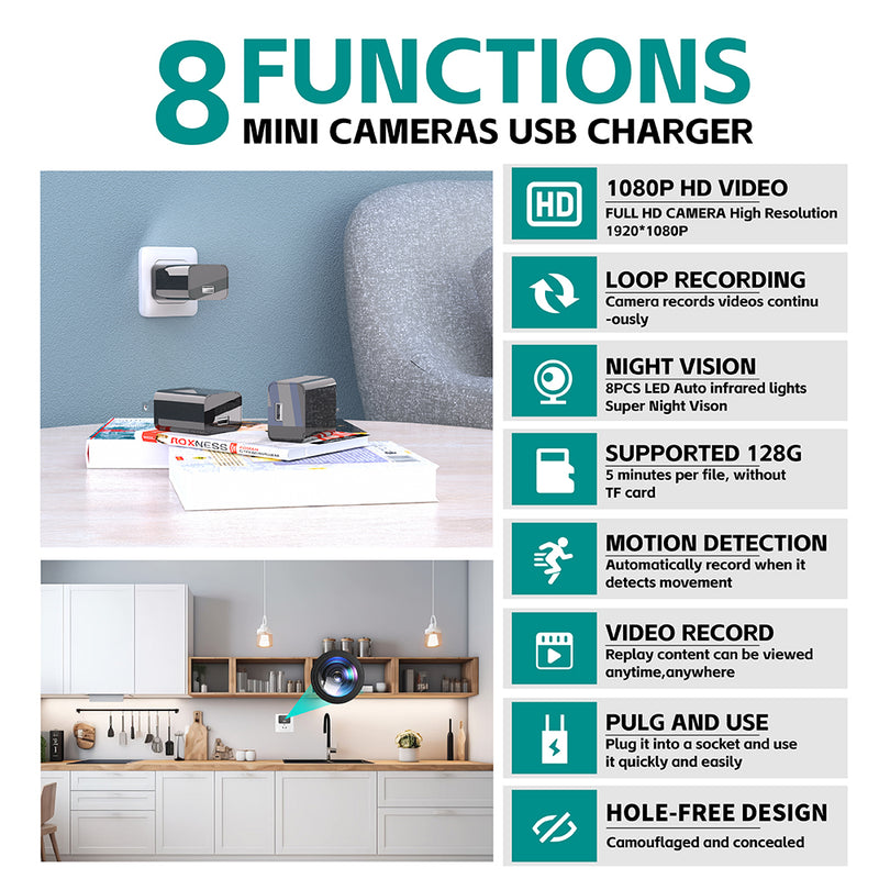 Hidden Camera Charger 1080P Mini Spy Camera 64GB Home Security Camera with Night Vision and Motion Detection Discreet Tiny Nanny Cam No App, No WiFi