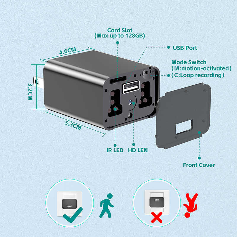 Hidden Camera Charger 1080P Mini Spy Camera 64GB Home Security Camera with Night Vision and Motion Detection Discreet Tiny Nanny Cam No App, No WiFi